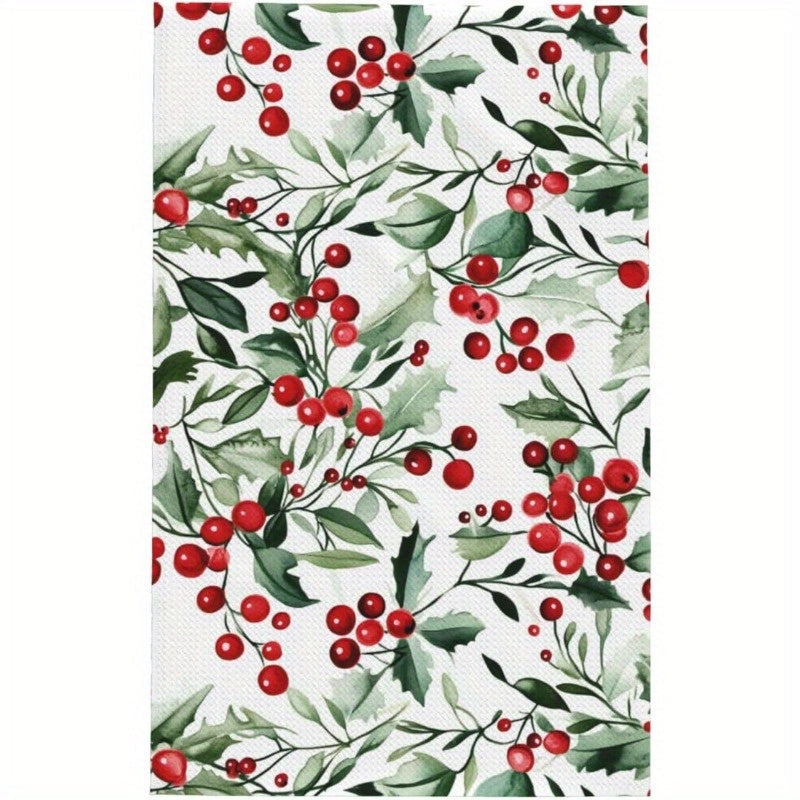 Get into the holiday spirit with our Festive Charm Merry Christmas Kitchen Towels Set! Measuring 45.72x66.04 cm, these soft and absorbent polyester towels feature a delightful design of festive red berries and green leaves. Perfect for adding a touch of