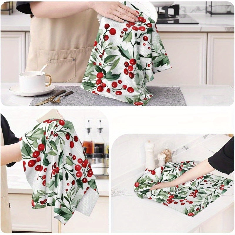 Get into the holiday spirit with our Festive Charm Merry Christmas Kitchen Towels Set! Measuring 45.72x66.04 cm, these soft and absorbent polyester towels feature a delightful design of festive red berries and green leaves. Perfect for adding a touch of