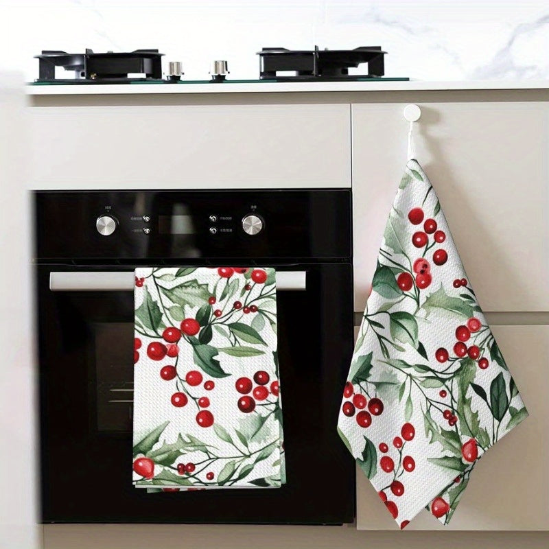 Get into the holiday spirit with our Festive Charm Merry Christmas Kitchen Towels Set! Measuring 45.72x66.04 cm, these soft and absorbent polyester towels feature a delightful design of festive red berries and green leaves. Perfect for adding a touch of