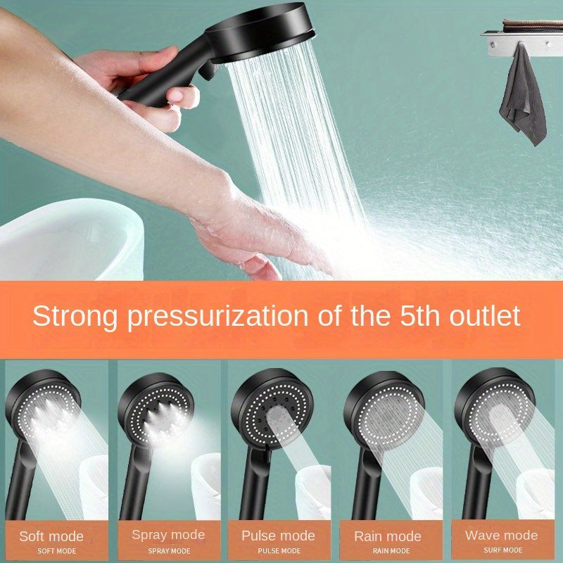 1 High-Pressure Handheld Shower Head with 5 Spray Modes, Strong Boost, Silicone Nozzle, Easy Install, Plastic, Round Shape, Luxury Bathing Experience.