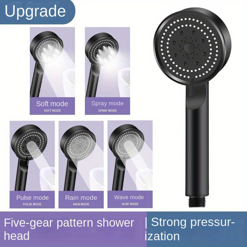 1 High-Pressure Handheld Shower Head with 5 Spray Modes, Strong Boost, Silicone Nozzle, Easy Install, Plastic, Round Shape, Luxury Bathing Experience.