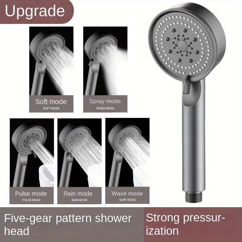 1 High-Pressure Handheld Shower Head with 5 Spray Modes, Strong Boost, Silicone Nozzle, Easy Install, Plastic, Round Shape, Luxury Bathing Experience.