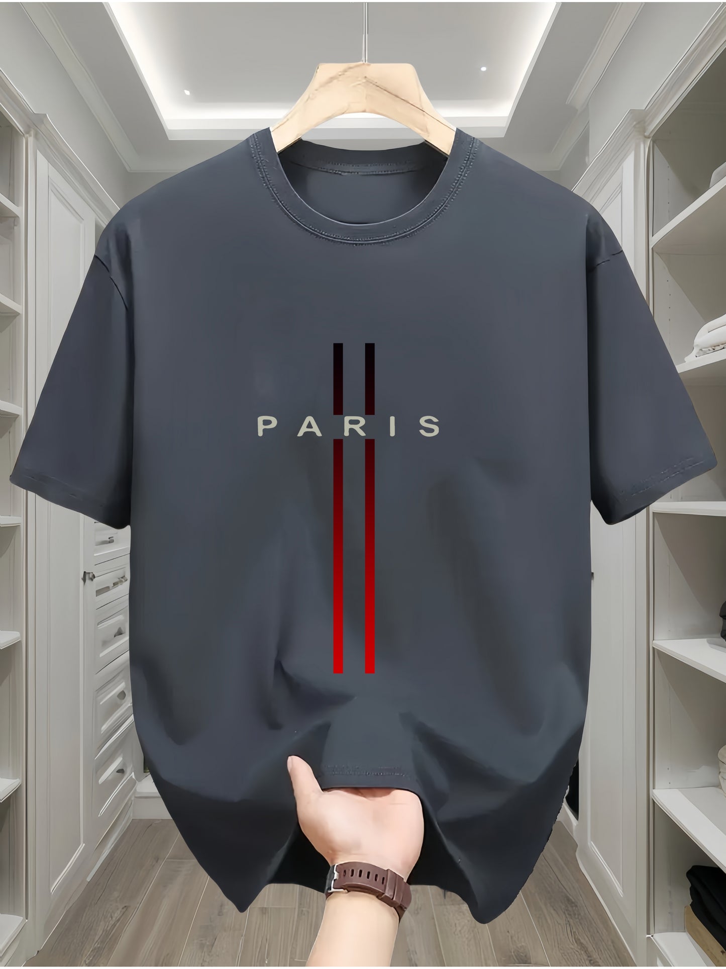 Men's 100% cotton T-shirt featuring Paris flag design, crew neck, short sleeves, and regular fit.