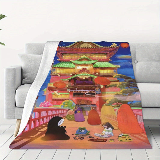 Soft and cozy Queen Size Flannel Fleece Throw Blanket featuring a modern Ghibli-inspired digital print. Made with soft polyester and knitted design, this lightweight blanket is perfect for all-season comfort. Ideal for bed, sofa, camping, and travel, and