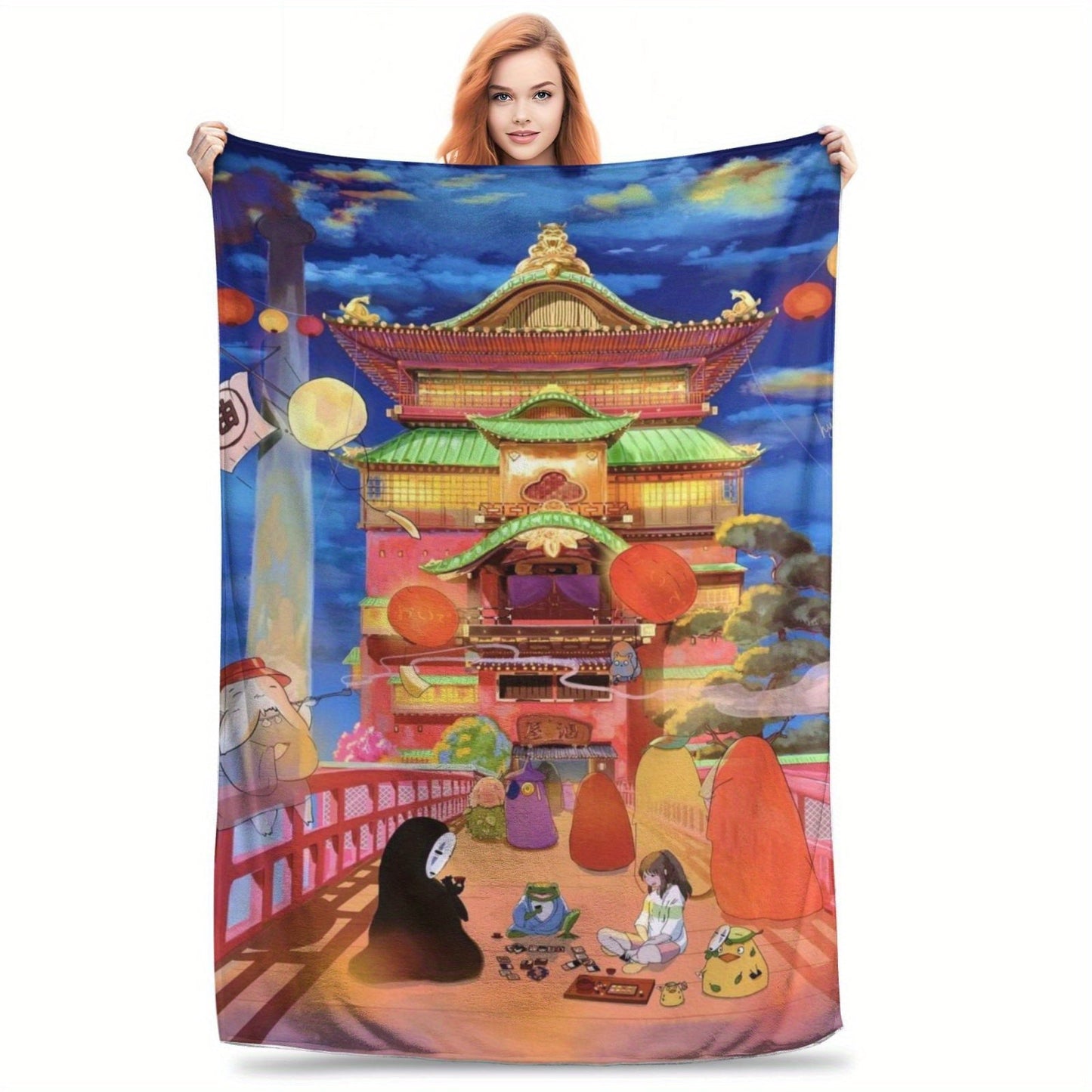 Soft and cozy Queen Size Flannel Fleece Throw Blanket featuring a modern Ghibli-inspired digital print. Made with soft polyester and knitted design, this lightweight blanket is perfect for all-season comfort. Ideal for bed, sofa, camping, and travel, and