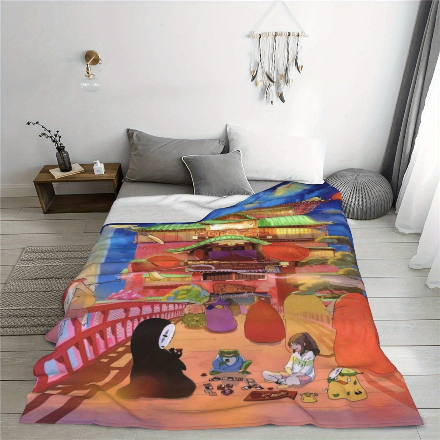 Soft and cozy Queen Size Flannel Fleece Throw Blanket featuring a modern Ghibli-inspired digital print. Made with soft polyester and knitted design, this lightweight blanket is perfect for all-season comfort. Ideal for bed, sofa, camping, and travel, and