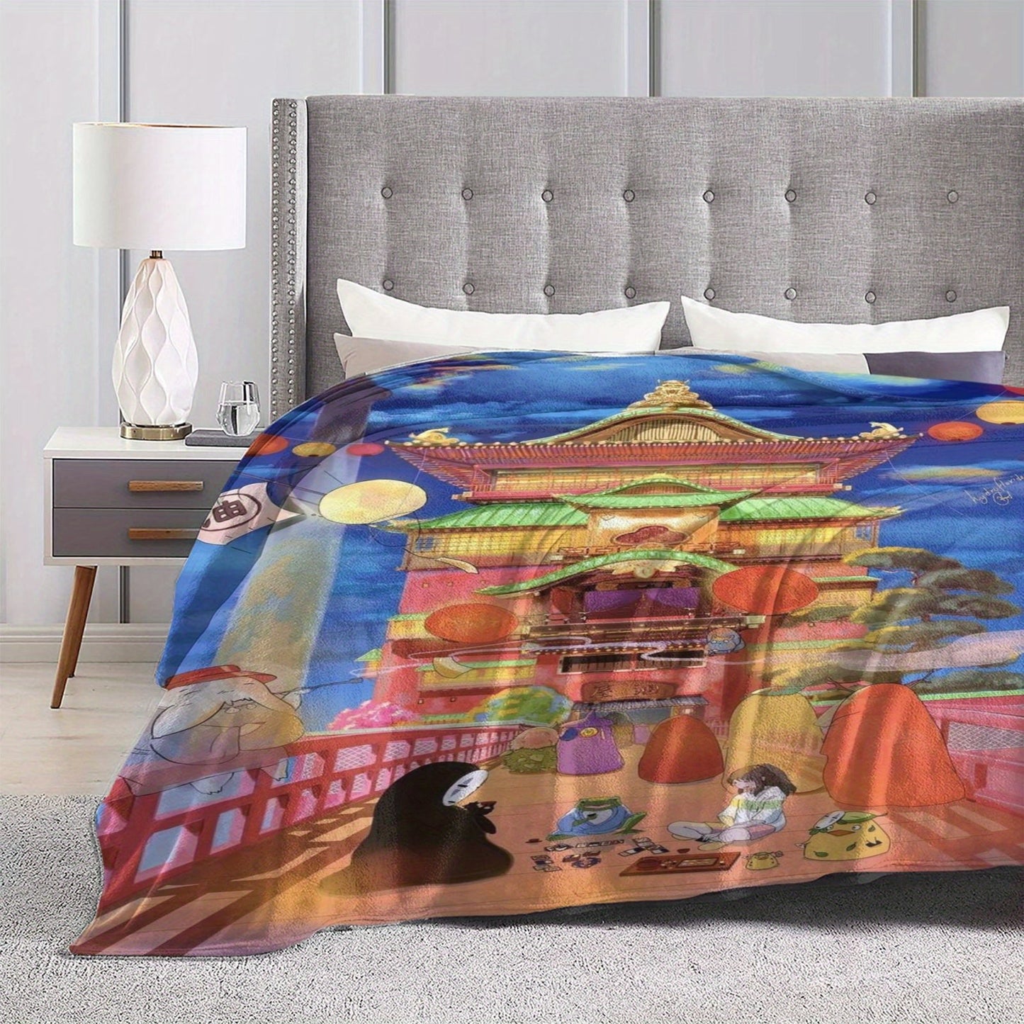 Soft and cozy Queen Size Flannel Fleece Throw Blanket featuring a modern Ghibli-inspired digital print. Made with soft polyester and knitted design, this lightweight blanket is perfect for all-season comfort. Ideal for bed, sofa, camping, and travel, and