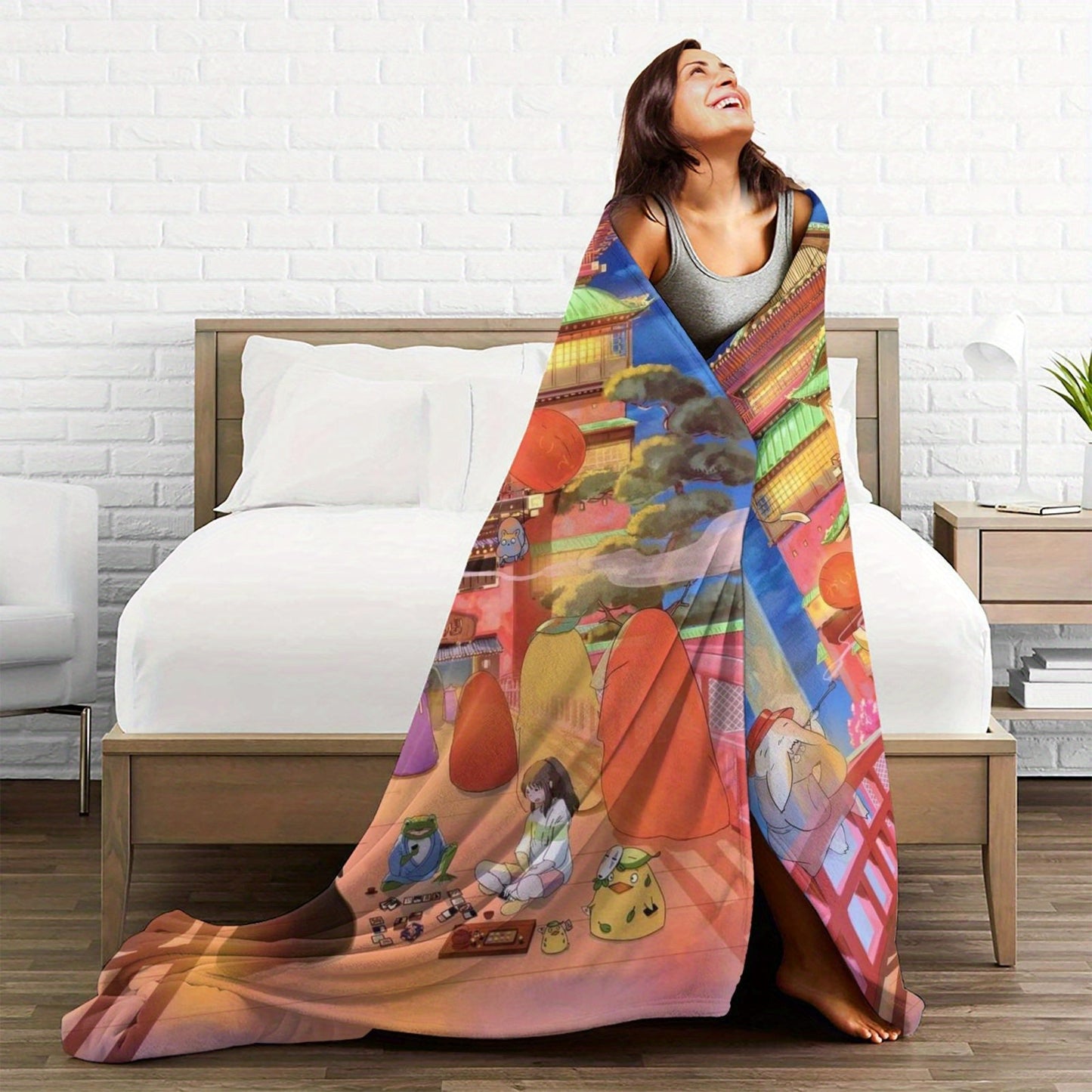 Soft and cozy Queen Size Flannel Fleece Throw Blanket featuring a modern Ghibli-inspired digital print. Made with soft polyester and knitted design, this lightweight blanket is perfect for all-season comfort. Ideal for bed, sofa, camping, and travel, and