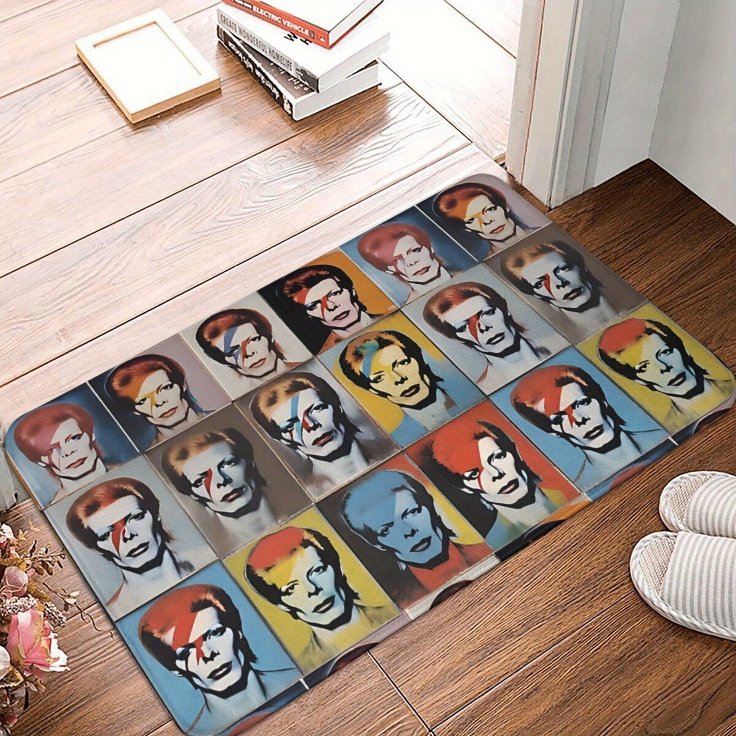 Get in the Christmas spirit with this lightweight, machine washable polyester rug inspired by Warhol and Bowie. Perfect for your bathroom, kitchen, or entrance, this rug is not only stylish but also easy to clean. Add a touch of holiday cheer to your