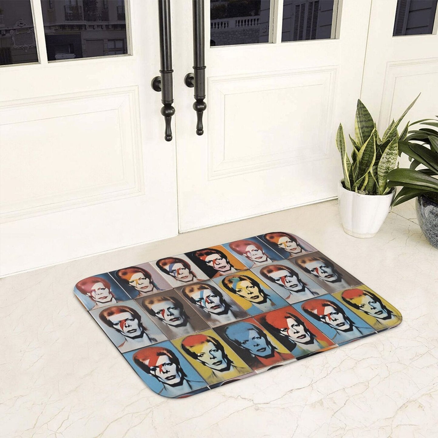 Get in the Christmas spirit with this lightweight, machine washable polyester rug inspired by Warhol and Bowie. Perfect for your bathroom, kitchen, or entrance, this rug is not only stylish but also easy to clean. Add a touch of holiday cheer to your