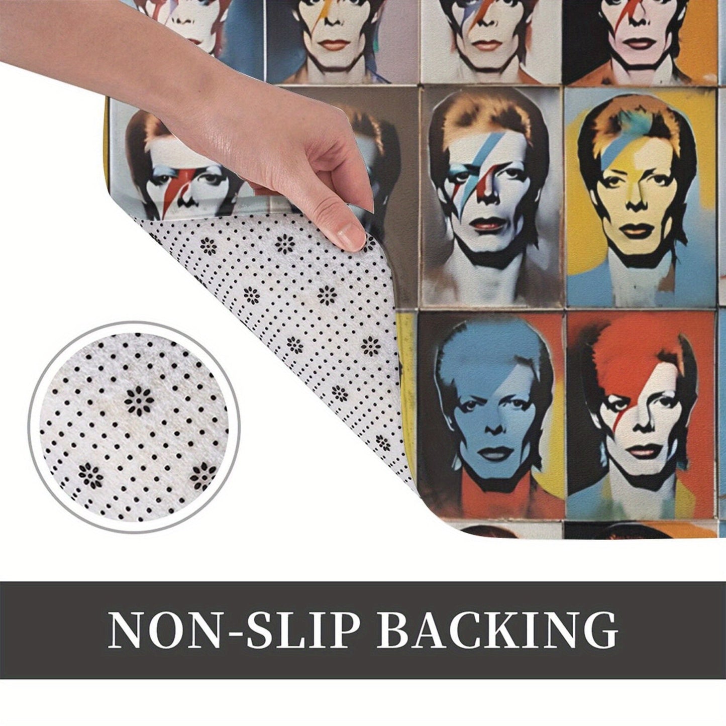 Get in the Christmas spirit with this lightweight, machine washable polyester rug inspired by Warhol and Bowie. Perfect for your bathroom, kitchen, or entrance, this rug is not only stylish but also easy to clean. Add a touch of holiday cheer to your