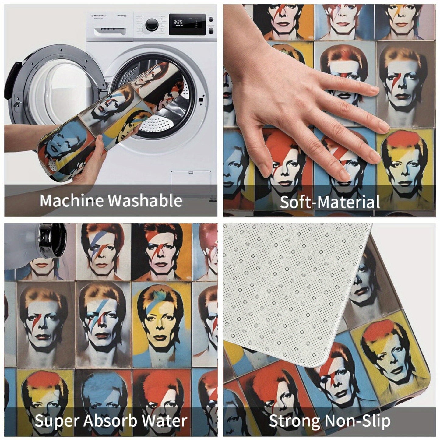 Get in the Christmas spirit with this lightweight, machine washable polyester rug inspired by Warhol and Bowie. Perfect for your bathroom, kitchen, or entrance, this rug is not only stylish but also easy to clean. Add a touch of holiday cheer to your