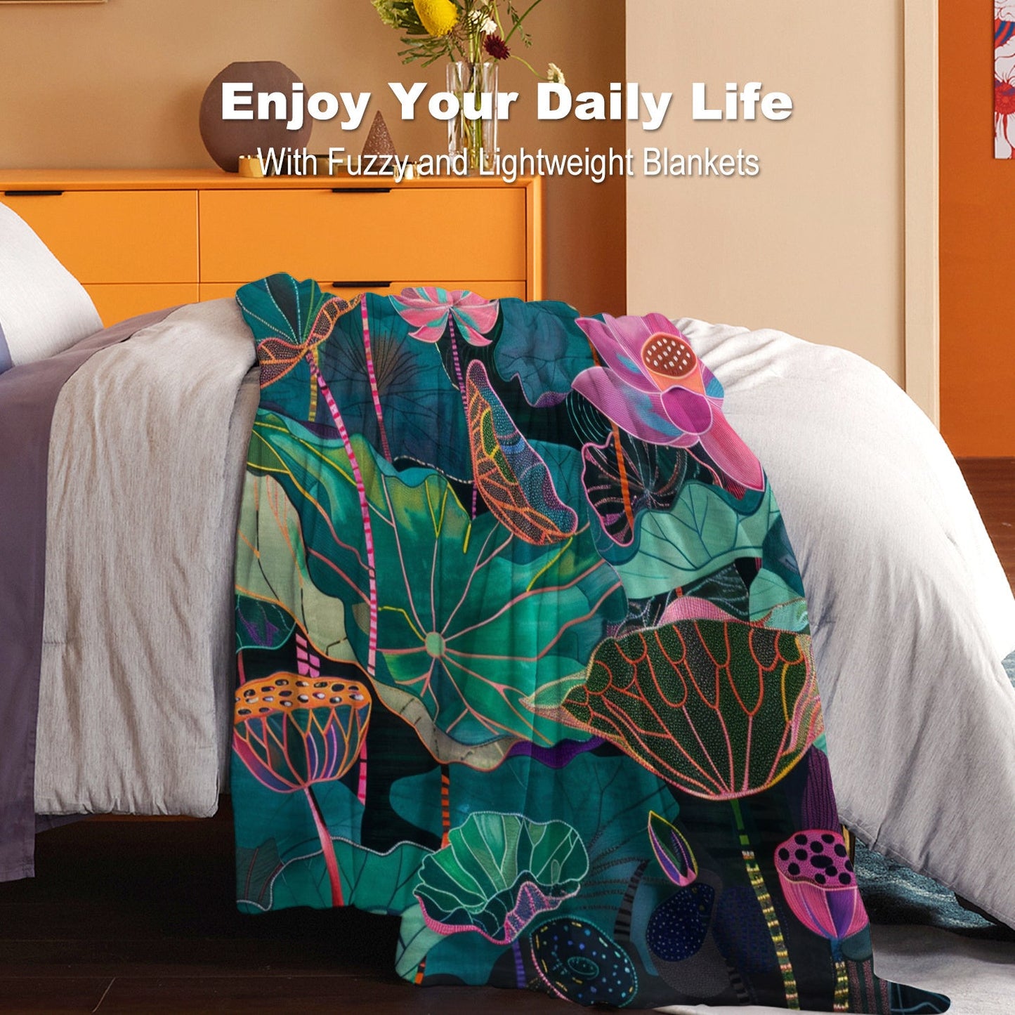 Soft and lightweight throw blanket with a contemporary style and digital lotus leaf print. Made of polyester flannel, suitable for all seasons. Perfect for use on bed, sofa, office, camping, and travel. Constructed with 200-250g knit fabric.