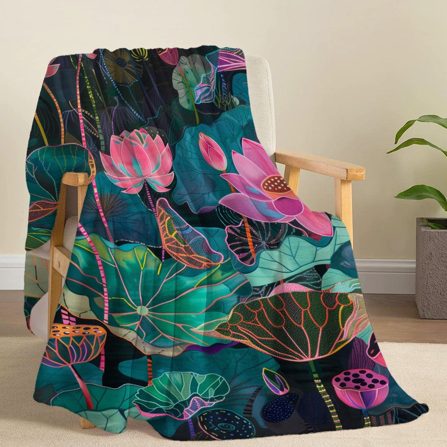 Soft and lightweight throw blanket with a contemporary style and digital lotus leaf print. Made of polyester flannel, suitable for all seasons. Perfect for use on bed, sofa, office, camping, and travel. Constructed with 200-250g knit fabric.