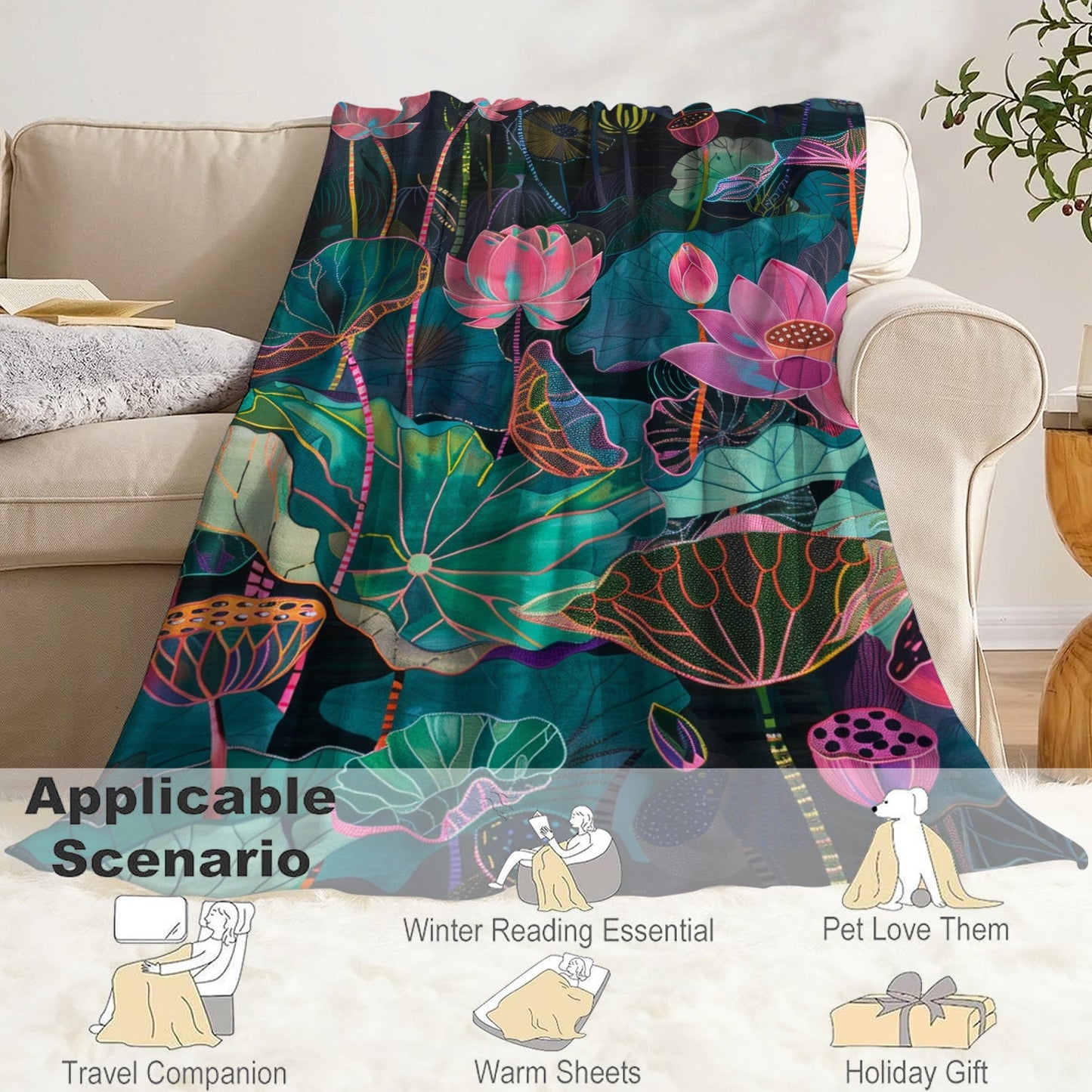 Soft and lightweight throw blanket with a contemporary style and digital lotus leaf print. Made of polyester flannel, suitable for all seasons. Perfect for use on bed, sofa, office, camping, and travel. Constructed with 200-250g knit fabric.