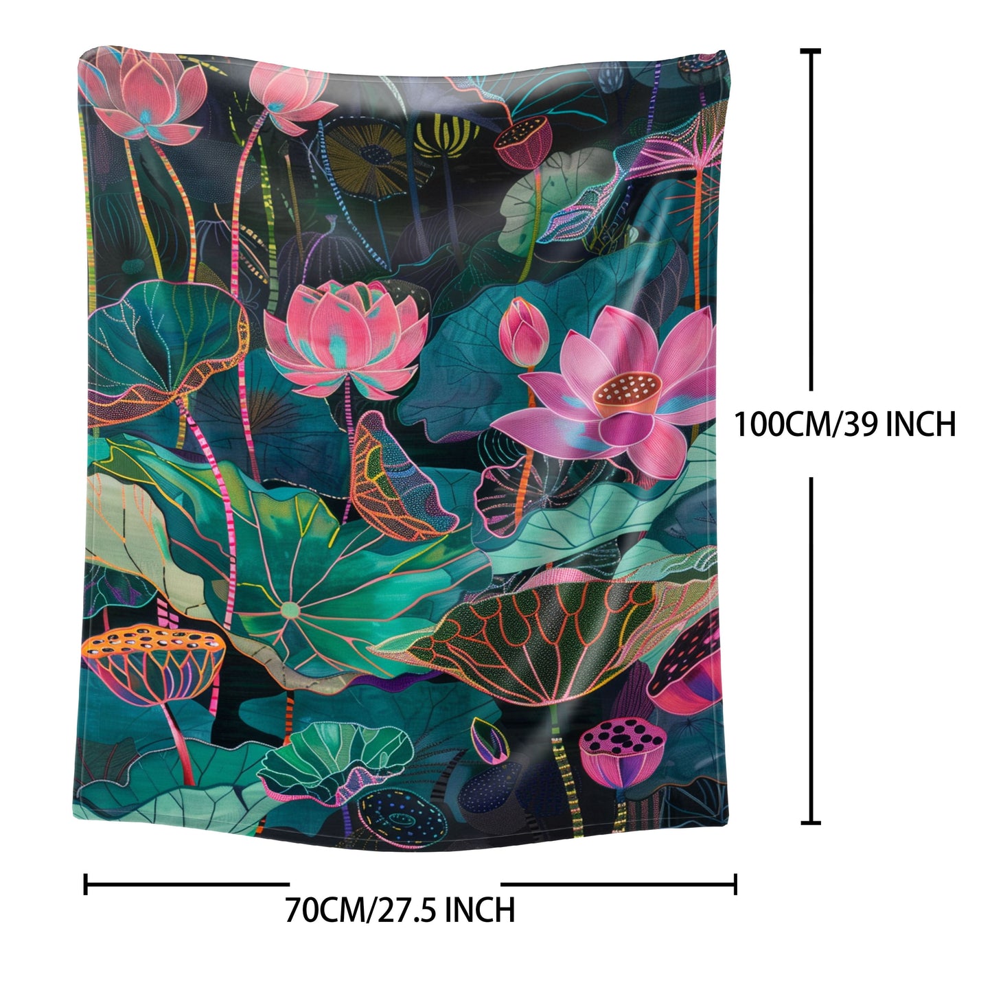 Soft and lightweight throw blanket with a contemporary style and digital lotus leaf print. Made of polyester flannel, suitable for all seasons. Perfect for use on bed, sofa, office, camping, and travel. Constructed with 200-250g knit fabric.