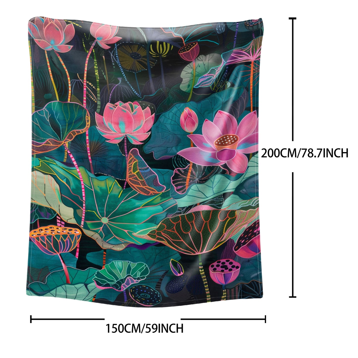 Soft and lightweight throw blanket with a contemporary style and digital lotus leaf print. Made of polyester flannel, suitable for all seasons. Perfect for use on bed, sofa, office, camping, and travel. Constructed with 200-250g knit fabric.