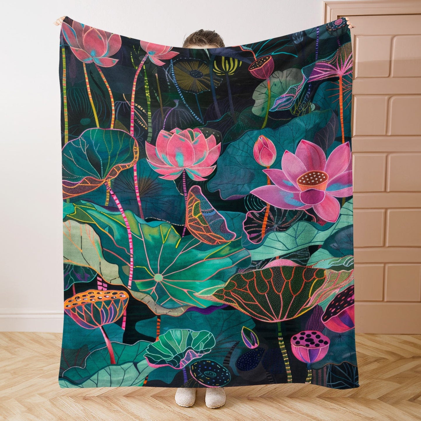 Soft and lightweight throw blanket with a contemporary style and digital lotus leaf print. Made of polyester flannel, suitable for all seasons. Perfect for use on bed, sofa, office, camping, and travel. Constructed with 200-250g knit fabric.