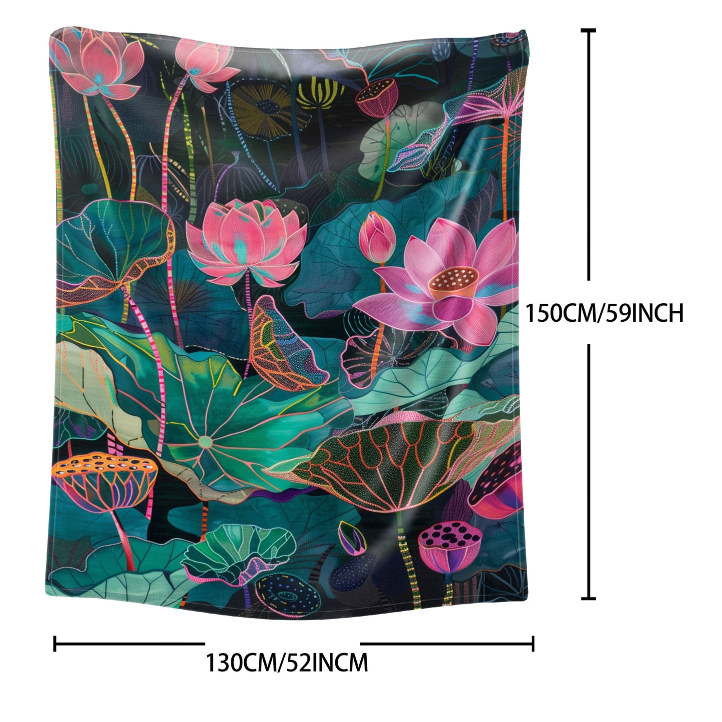 Soft and lightweight throw blanket with a contemporary style and digital lotus leaf print. Made of polyester flannel, suitable for all seasons. Perfect for use on bed, sofa, office, camping, and travel. Constructed with 200-250g knit fabric.