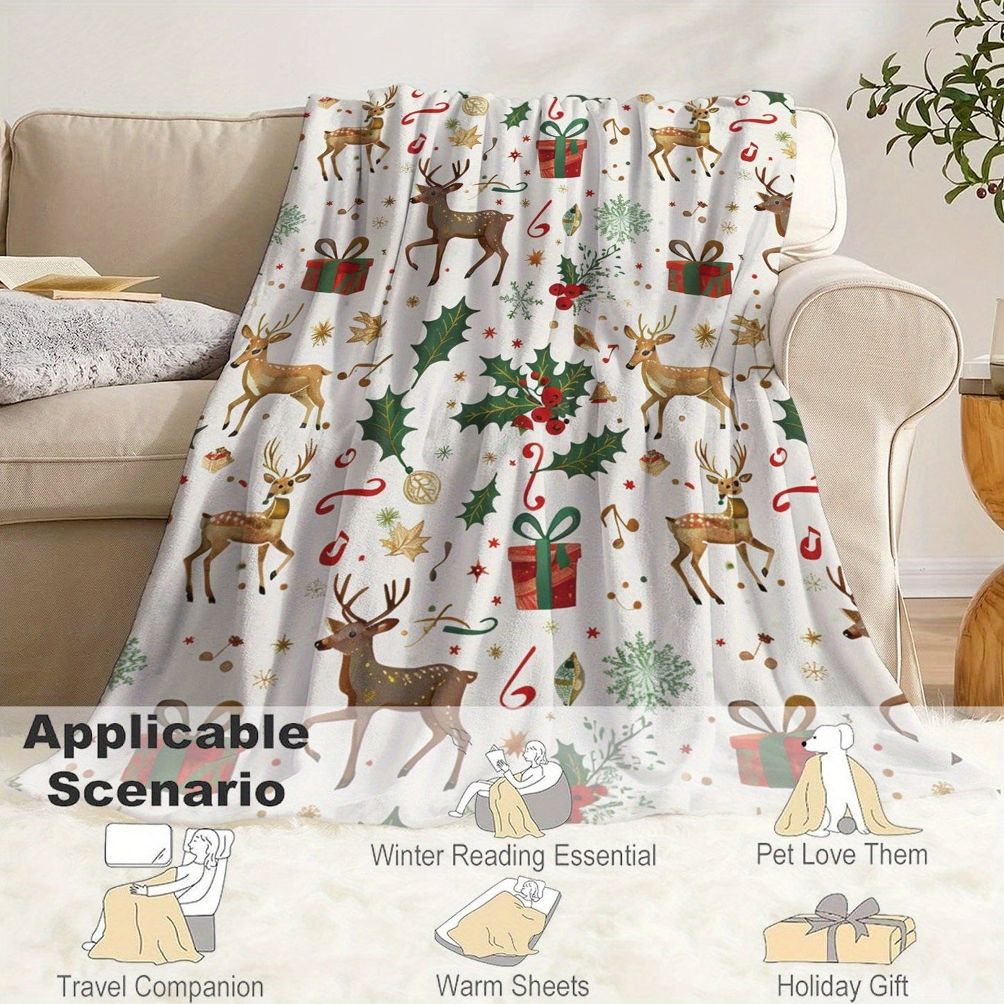 Cozy up this Christmas with our 1PC Reindeer Flannel Throw Blanket. Made of soft and lightweight knitted polyester, this all-season blanket is perfect for adding warmth to your bed, sofa, office, camping trips, or travels. Featuring a contemporary