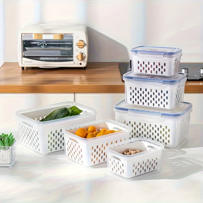 Durable plastic kitchen organizer, the 2-in-1 Refrigerator Storage Bin features a double layer draining basket with lid. This multifunctional container is ideal for storing fruits, vegetables, and meat, keeping them fresh in a transparent sealed box.