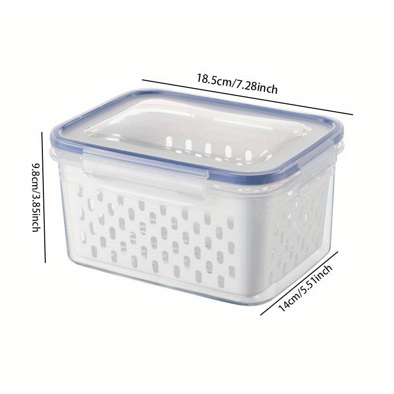 Durable plastic kitchen organizer, the 2-in-1 Refrigerator Storage Bin features a double layer draining basket with lid. This multifunctional container is ideal for storing fruits, vegetables, and meat, keeping them fresh in a transparent sealed box.