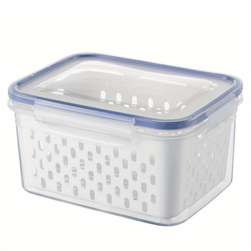 Durable plastic kitchen organizer, the 2-in-1 Refrigerator Storage Bin features a double layer draining basket with lid. This multifunctional container is ideal for storing fruits, vegetables, and meat, keeping them fresh in a transparent sealed box.