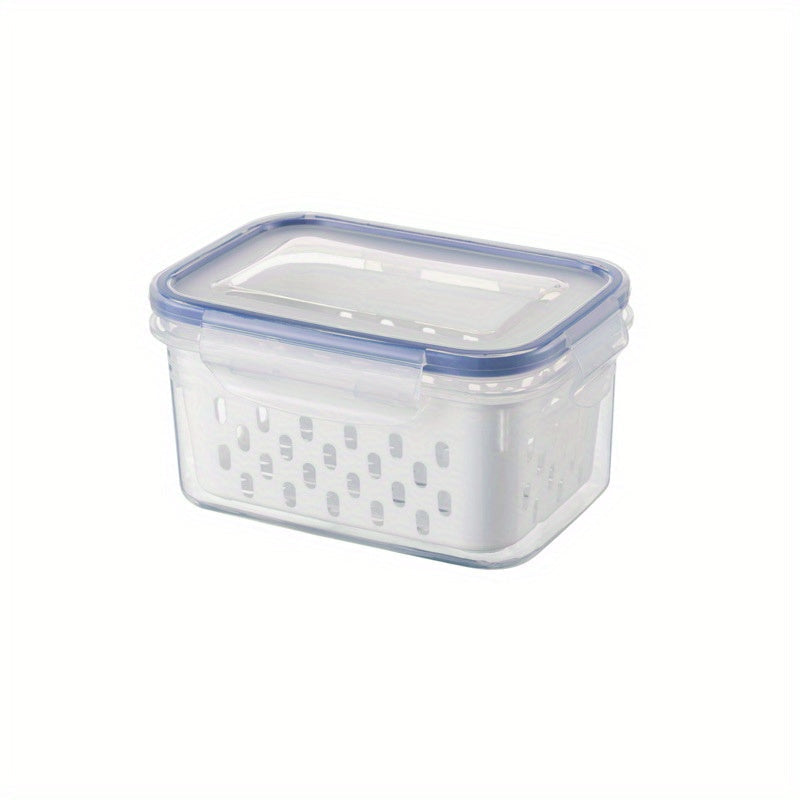 Durable plastic kitchen organizer, the 2-in-1 Refrigerator Storage Bin features a double layer draining basket with lid. This multifunctional container is ideal for storing fruits, vegetables, and meat, keeping them fresh in a transparent sealed box.