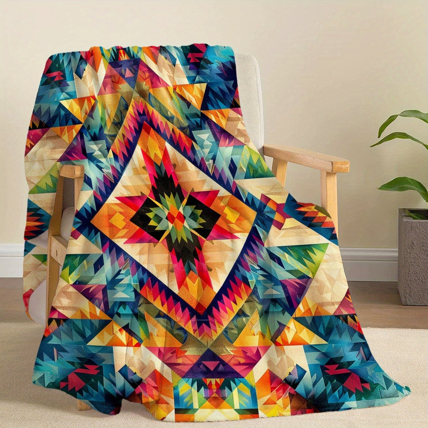 Soft and lightweight Aztec-inspired digital print flannel throw blanket suitable for all-season comfort on your bed, sofa, office, camping, or while traveling. Made of knitted polyester, with a contemporary style and weighing between 200-250gsm.