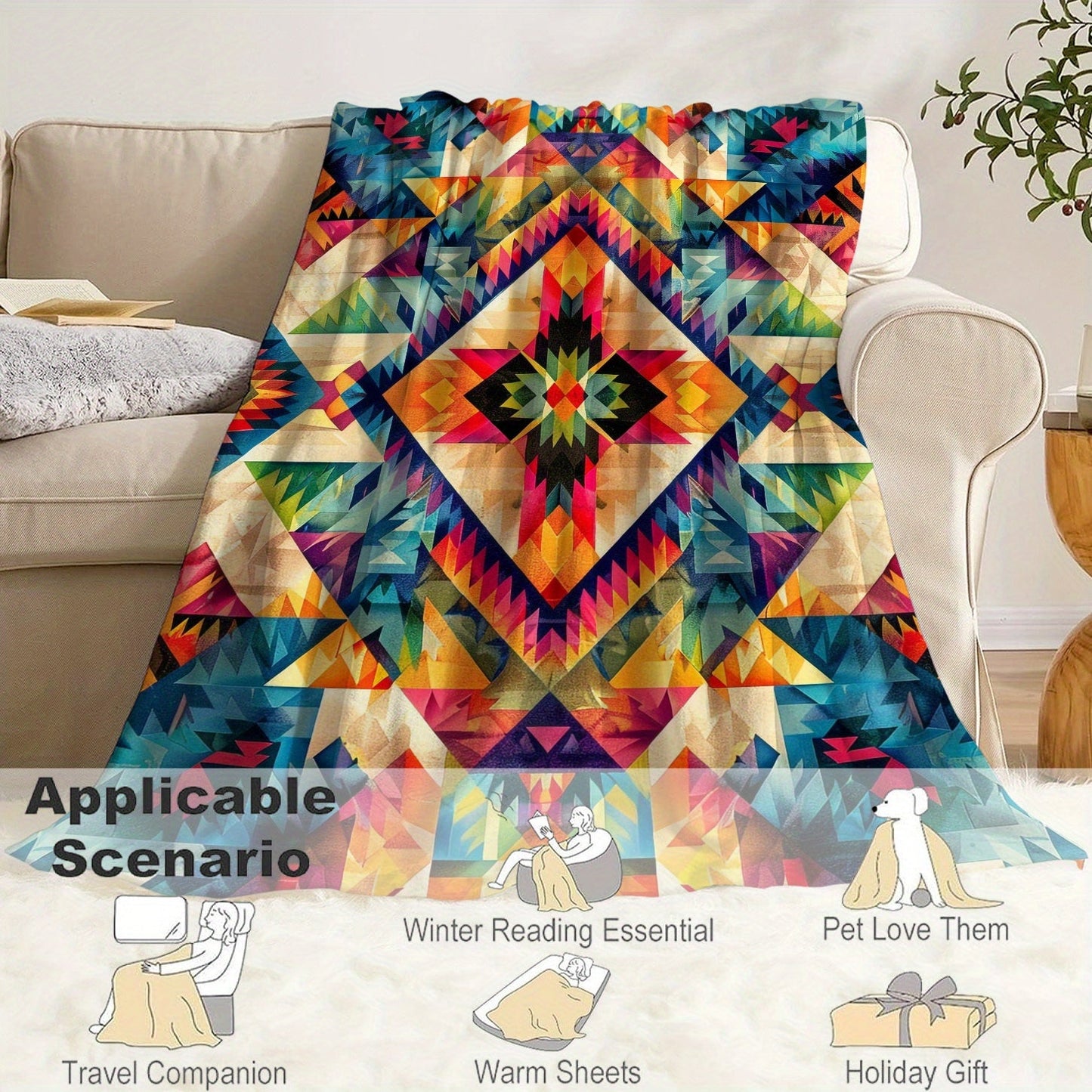 Soft and lightweight Aztec-inspired digital print flannel throw blanket suitable for all-season comfort on your bed, sofa, office, camping, or while traveling. Made of knitted polyester, with a contemporary style and weighing between 200-250gsm.