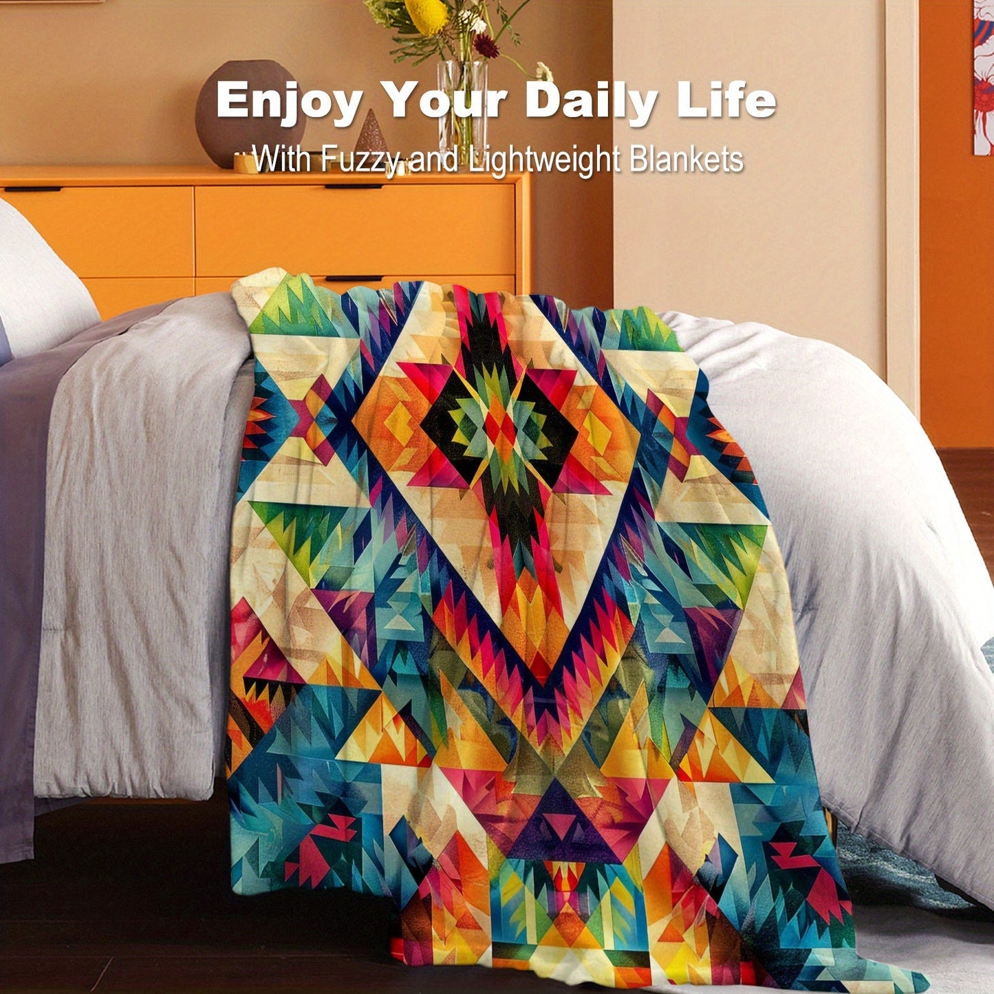 Soft and lightweight Aztec-inspired digital print flannel throw blanket suitable for all-season comfort on your bed, sofa, office, camping, or while traveling. Made of knitted polyester, with a contemporary style and weighing between 200-250gsm.