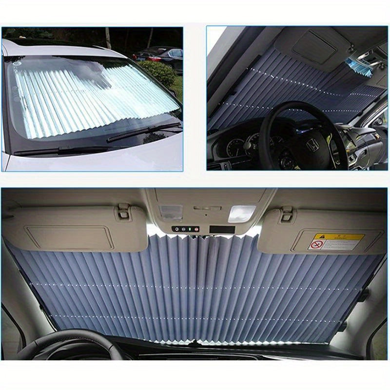 UV-Protective Car SunShade: Foldable, Reflective, Aluminum Film for Cooling. Easy Install with Suction Cups.