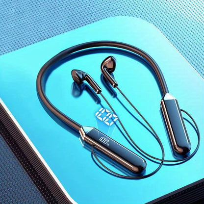 New wireless neckband earphones with display and sports noise-cancelling feature, long battery life, USB charging, volume control, plastic material, for recording devices.