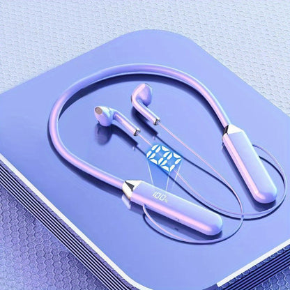 New wireless neckband earphones with display and sports noise-cancelling feature, long battery life, USB charging, volume control, plastic material, for recording devices.