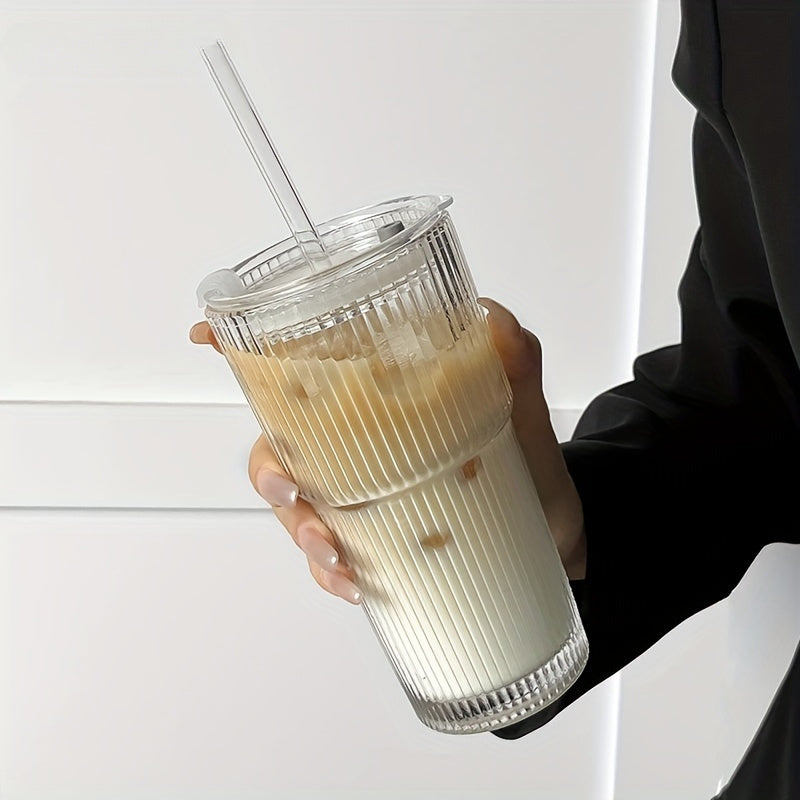 Glass coffee cup with lid and straw, 20.28oz, suitable for home, office, and travel.