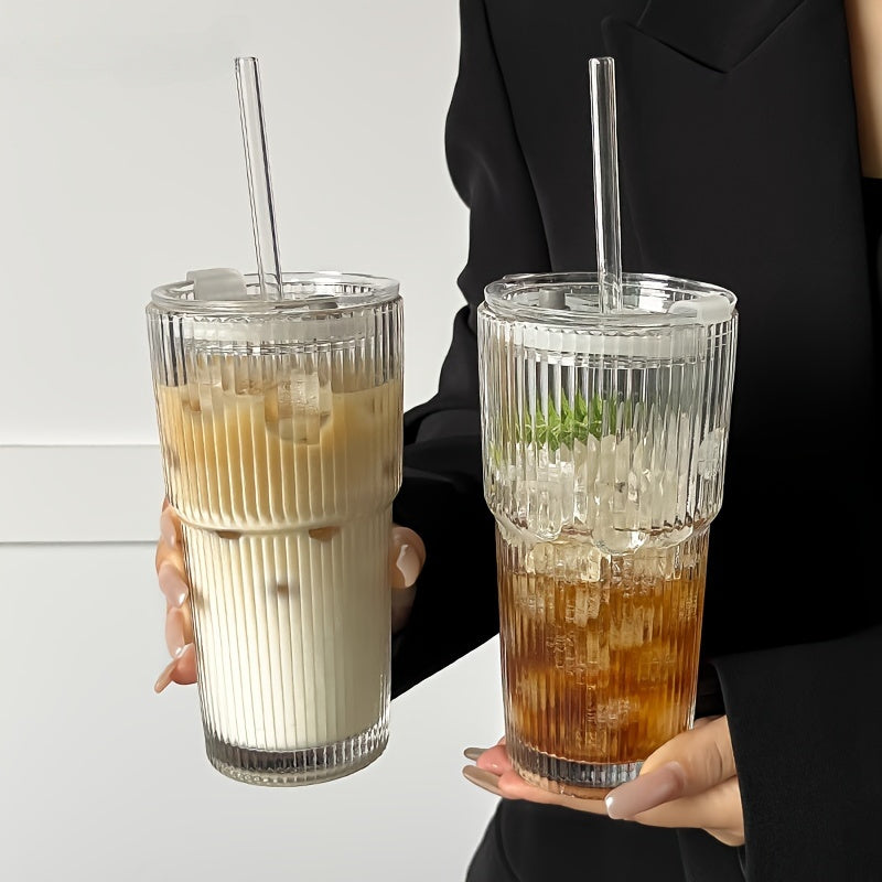 20.28 Oz/600Ml Glass Coffee Cup with Lid and Straw, Perfect for Home, Office, and Travel