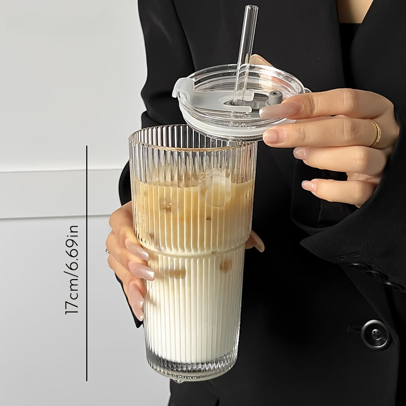 Glass coffee cup with lid and straw, 20.28oz, suitable for home, office, and travel.