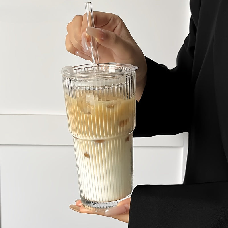 Glass coffee cup with lid and straw, 20.28oz, suitable for home, office, and travel.