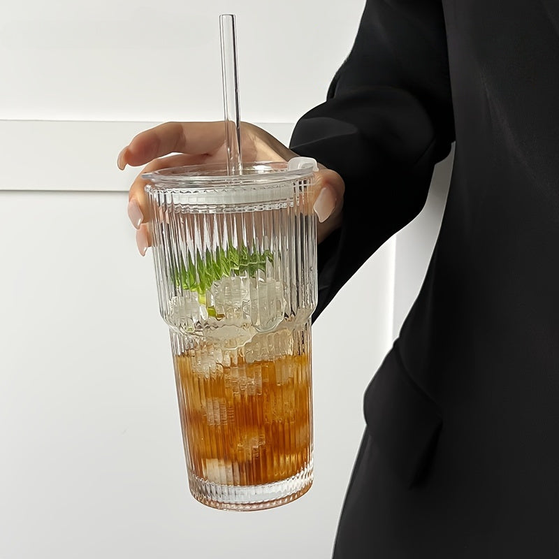 Glass coffee cup with lid and straw, 20.28oz, suitable for home, office, and travel.