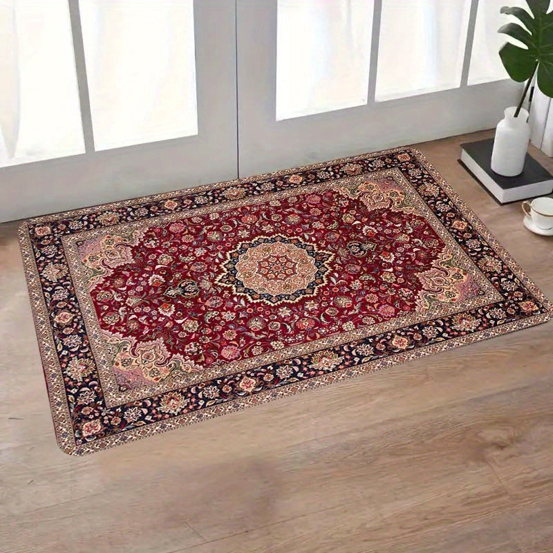 This Classic Red Pattern Printed Door Mat is perfect for any room in your home. Made from durable polyester fiber, this mat is thick at 1.1cm and features a non-slip backing for safety. Stain-resistant and machine washable, it is ideal for use in the