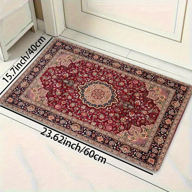 This Classic Red Pattern Printed Door Mat is perfect for any room in your home. Made from durable polyester fiber, this mat is thick at 1.1cm and features a non-slip backing for safety. Stain-resistant and machine washable, it is ideal for use in the