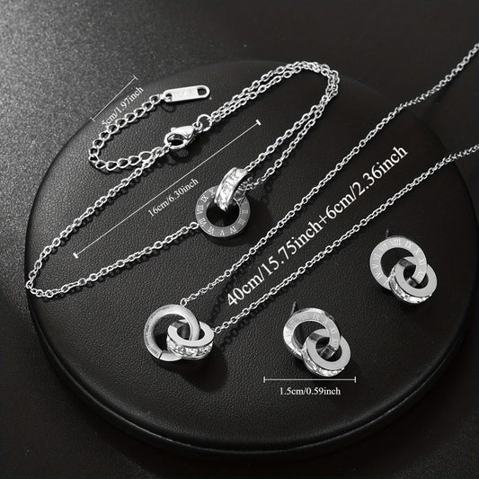 Stainless steel Roman numeral jewelry set, versatile for daily wear or holiday parties, includes bracelet, necklace, and earrings in a chic and personalized design.