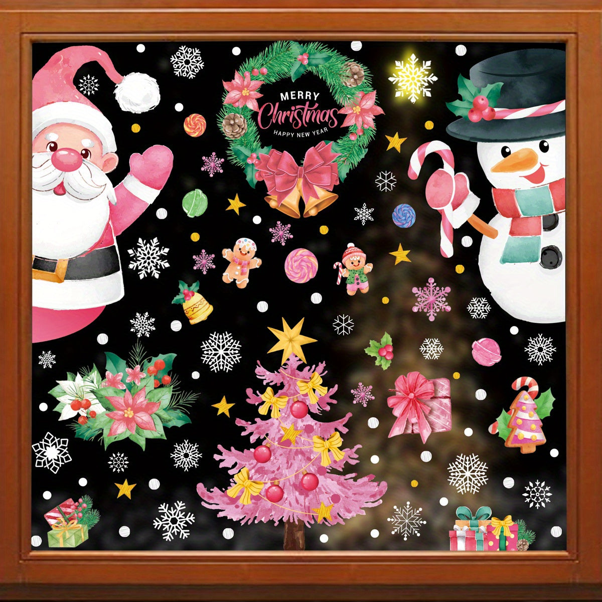 Holiday Window Sticker Set with Candy Canes, Snowman, Snowflakes, Static Clings, Garland, Elk, Santa Claus, and Glass Stickers