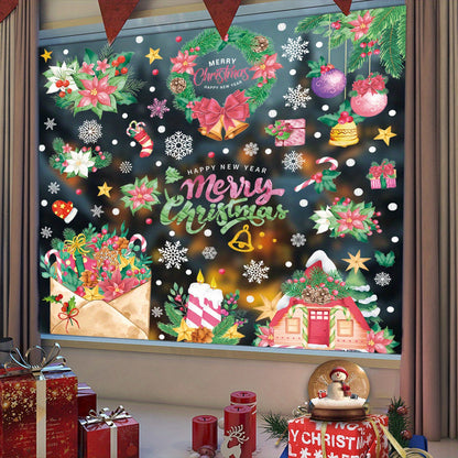 Holiday Window Sticker Set with Candy Canes, Snowman, Snowflakes, Static Clings, Garland, Elk, Santa Claus, and Glass Stickers