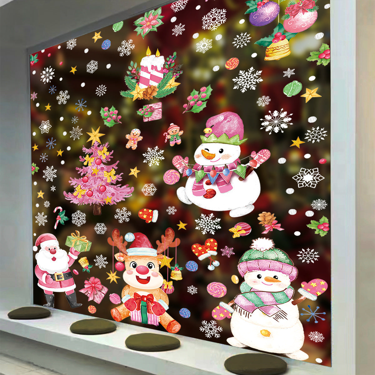 Holiday Window Sticker Set with Candy Canes, Snowman, Snowflakes, Static Clings, Garland, Elk, Santa Claus, and Glass Stickers