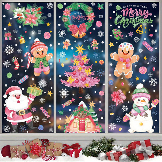 Holiday Window Sticker Set with Candy Canes, Snowman, Snowflakes, Static Clings, Garland, Elk, Santa Claus, and Glass Stickers