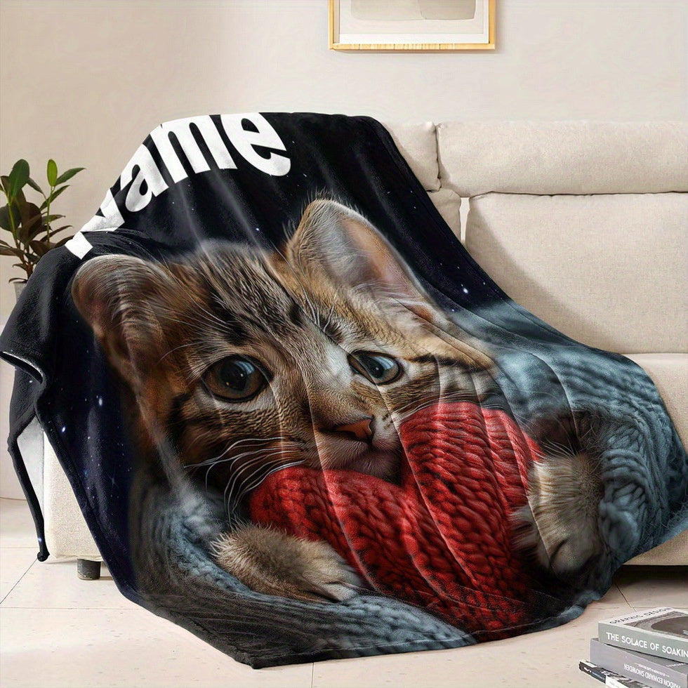 Customize your very own cat-themed flannel blanket with a personalized name. This soft and cozy blanket is suitable for all seasons and perfect for sleeping, camping, and adding comfort to your sofa. Make this personalized blanket your own today!