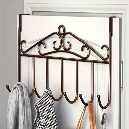 Simple over-the-door metal storage rack with hooks for coats, keys, and umbrellas. Easy to install without drilling. Great for entryway, bedroom, bathroom, or kitchen. Casual style door