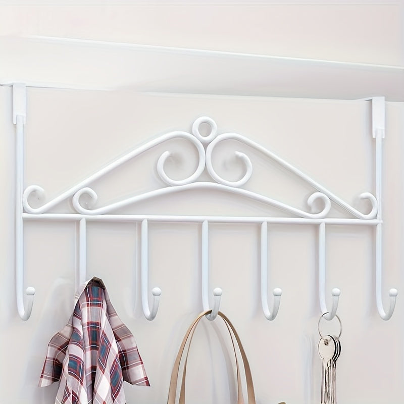 Simple over-the-door metal storage rack with hooks for coats, keys, and umbrellas. Easy to install without drilling. Great for entryway, bedroom, bathroom, or kitchen. Casual style door