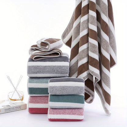 1 Set of Coral Fleece Bath Towels, 100% polyester, 239gsm, soft and absorbent with striped design and edging, perfect for face and body, including wash cloths.